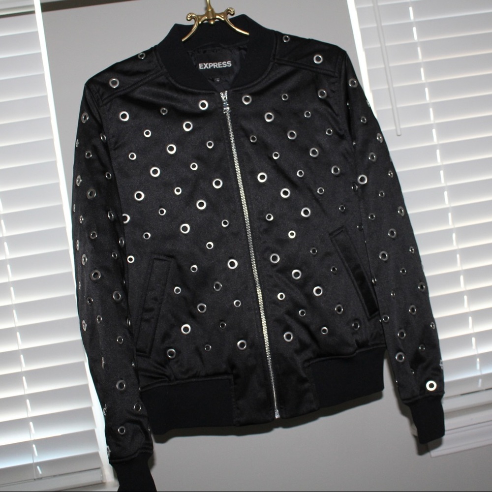 Express Black Eyelet Bomber Jacket - Picture 10 of 15